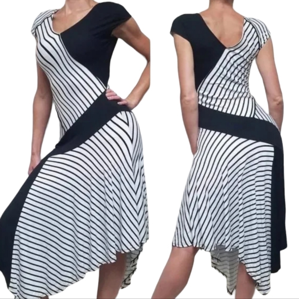 Cato Asymmetrical‎ Black & White Striped Maxi Dress Size Small